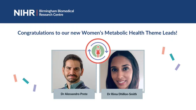 Pictures of Alessandro Prete and Rima Dhillon-Smith. Logo for the NIHR Birmingham BRC's Women's Metabolic Health research theme, with a woman surrounded by circular arrows. Text: Congratulations to our new Women's Metabolic Health Theme Leads!