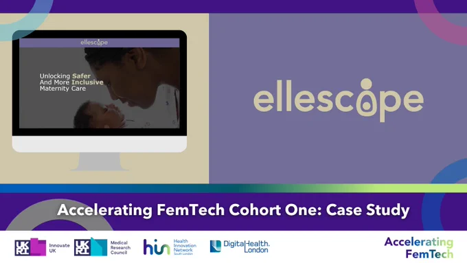 Accelerating FemTech cohort one case study graphic with Ellescope logo and image of Ellescope website on computer screen.