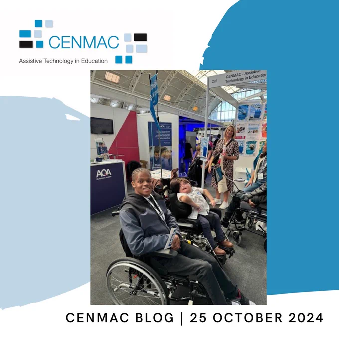 CENMAC Blog 25 October 2024 - image featuring CENMAC student ambassador Khamani with Teach Us Too charity campaigner Jonathan Bryan at the Tes SEND Show 2024 next to the CENMAC stand with other stands and visitors in the background.