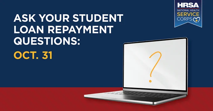 A laptop displaying a question mark with text ask your student loan repayment questions Oct. 31