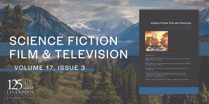 Fantasy picturesque mountainscape background with the cover of the latest SFFTV cover in the foreground with the LUP logo in white on the bottom left. 