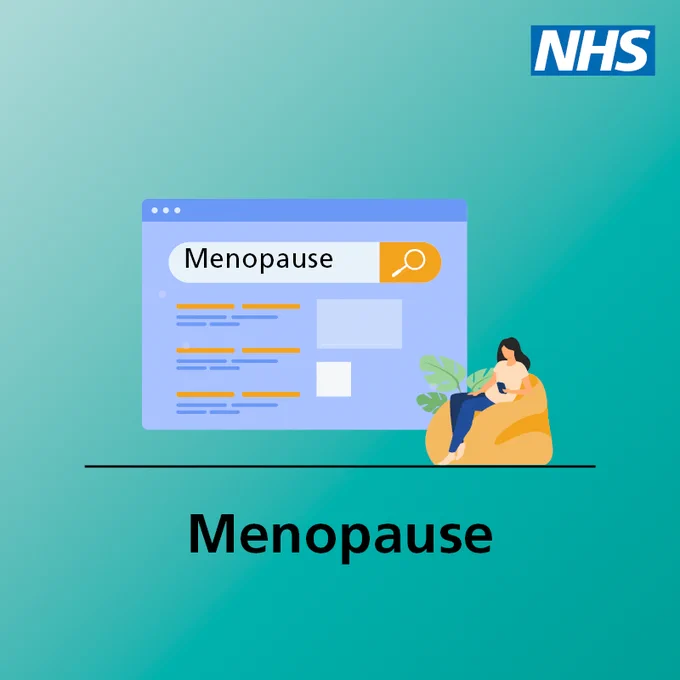 An illustration of a web browser with the search term 'menopause'. The title also reads "menopause". The NHS logo is in the top right hand corner.