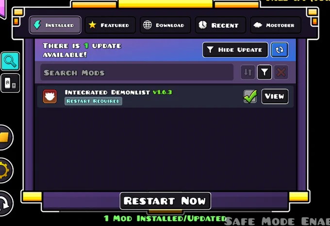 screenshot of the ingame geode menu, showing the integrated demonlist being updated while in safe mode