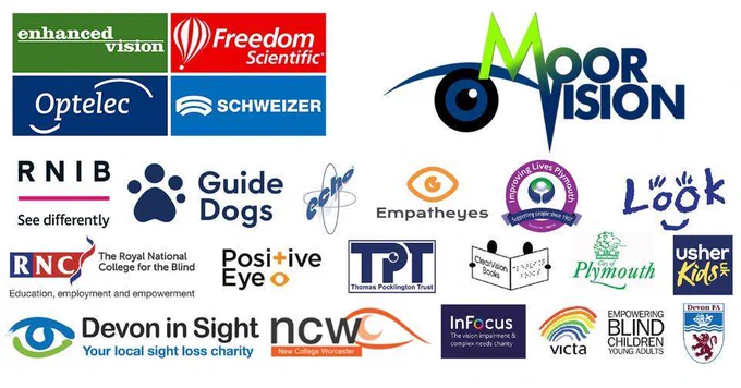 The logos of the Exhibitors Devon in Sight, Optelec, Enhances Vision, Freedom Scientific,Optelec, Schweizer, MoorVision, RNIB, Guide Dogs, Empatheyes, Sensory Solutions, Look, The RNC for the Blind, Thomas Pocklington, Ushers Kids, National College Worcester, InFocus, Victa, Empowering Blind Children and Young Adults.