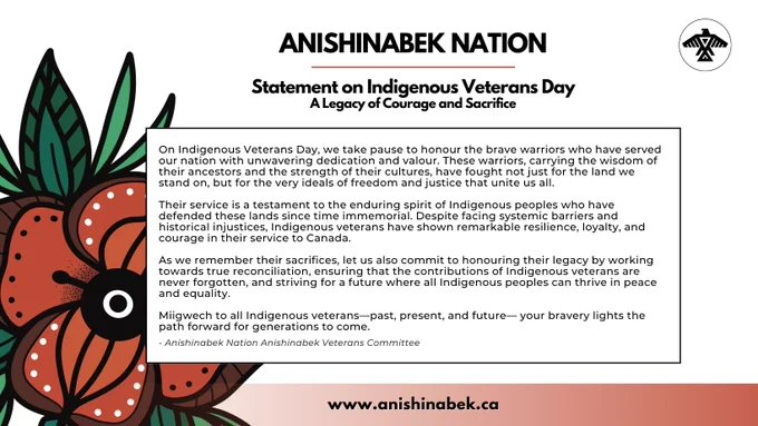 A statement from the Anishinabek Nation Anishinabek Veterans Committee on Indigenous Veterans Day: