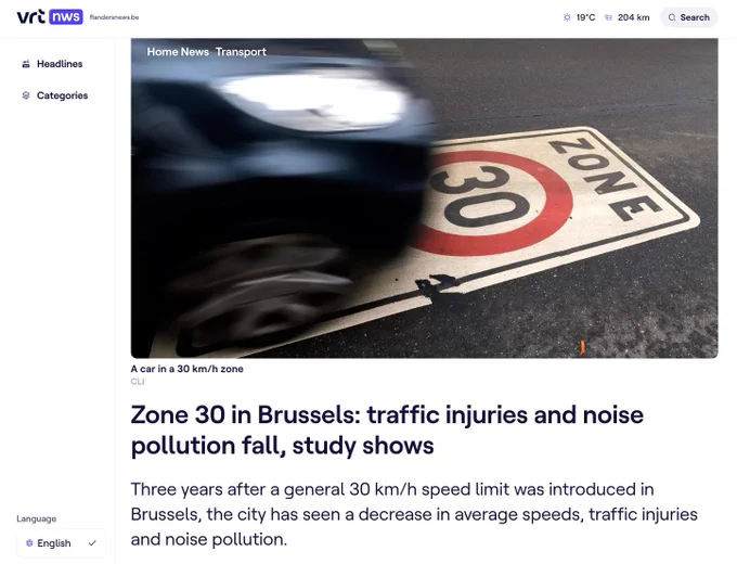 Four screenshots of news articles highlight positive impact of 30 km/h speed limits in Amsterday, Brussels, Bologna and Wales