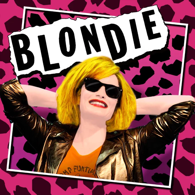 Promotional graphic featuring a vibrant illustration of Rebecca Trehearn dressed as Debbie Harry/Blondie wearing sunglasses and a leather jacket, set against a pink background with leopard print accents and the band's name prominently displayed above.