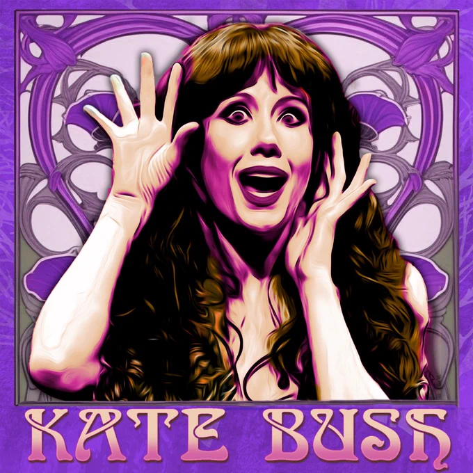 Artistic illustration of Genevieve Nicole as musician Kate Bush with a surprised expression, framed by a purple, ornate Art Nouveau border, including her name at the bottom.