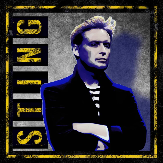Stephen Ashfield as Sting, portrayed in a stylized artistic image with bold yellow and black colors, looking thoughtful in a dark jacket.