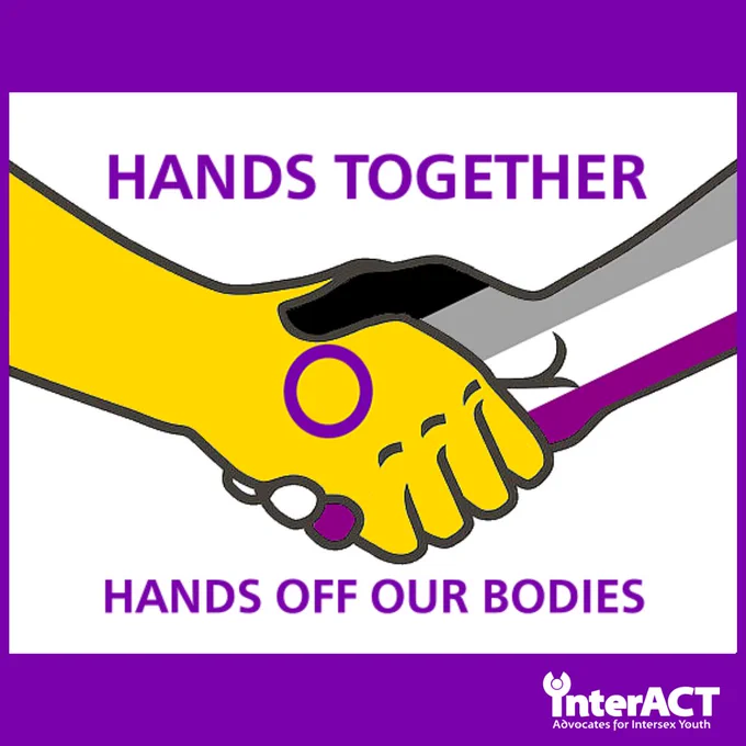 An image depicting a handshake. The hand on the left has the intersex pride flag design, while the hand on the right has the asexual flag design. There is purple text on a white background that says "Hands together" above the handshake, and text below the handshake that says "Hands off our bodies".
The background is intersex/ace flag purple and has the interACT logo at the bottom.