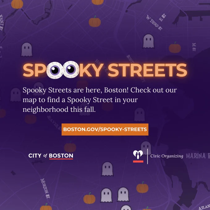 purple graphic with text: spooky streets are here, Boston! 