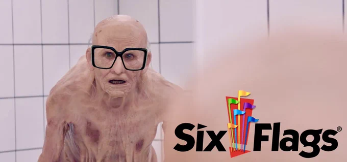 Demi Moore in THE SUBSTANCE looking like Mr. Six, the old man mascot of Six Flags theme park