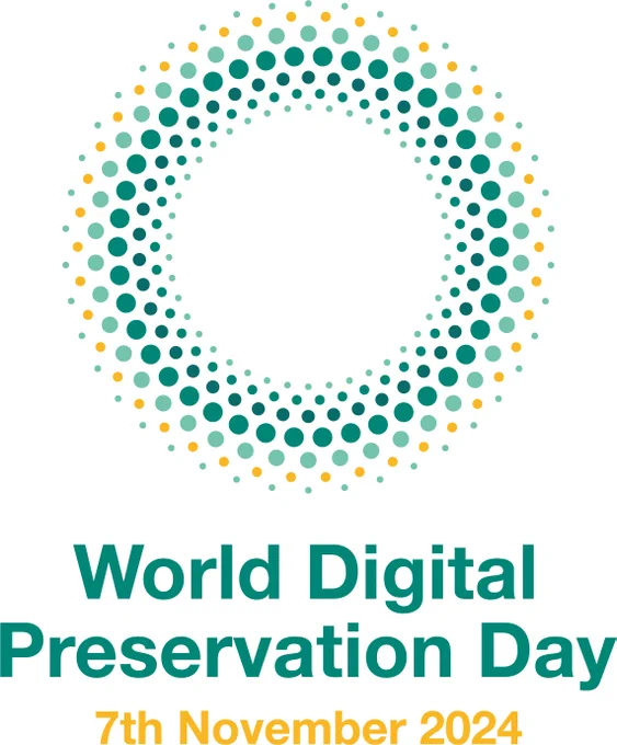 The logo for World Digital Preservation Day 7th November 2024, seven concentric rings of teal and yellow dots