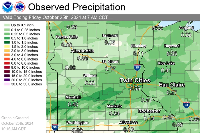Map of southern Minnesota and western Wisconsin depicting 24 hour precipitation amounts as of 7AM, Friday, October 25th. Almost everywhere received measurable precipitation, with a swath of higher rainfall from Marshall, MN to Rice Lake, WI of around a half inch.