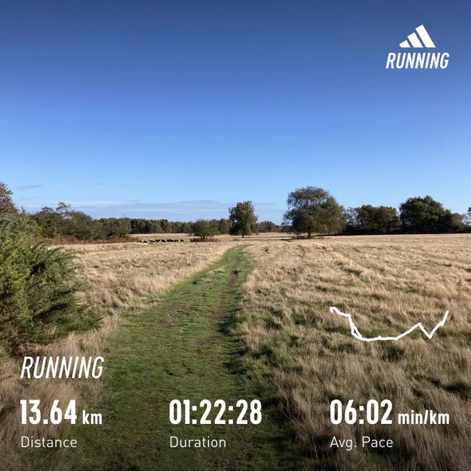 Trail running though an open field with clear blue sky; running stats superimposed (13.6km, 1hr22)