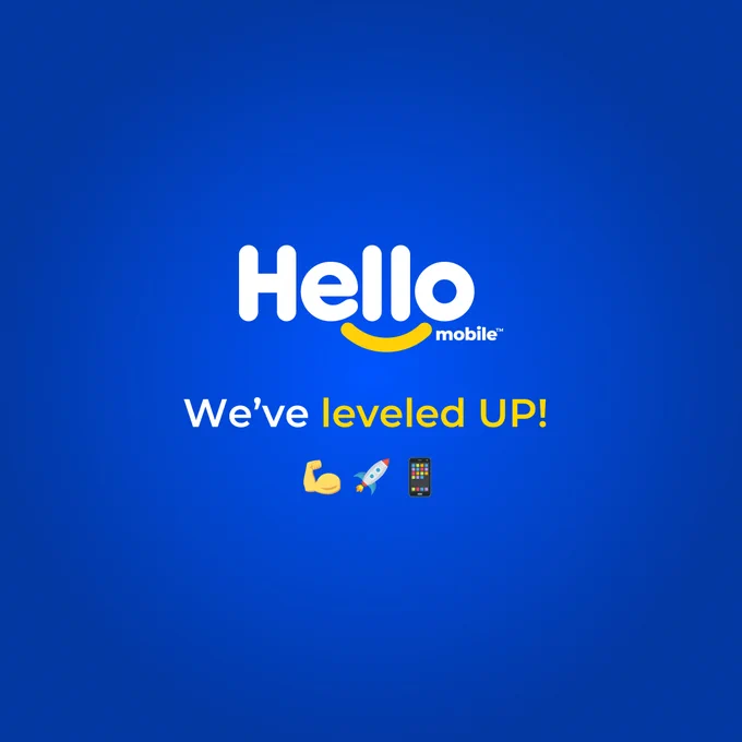 Hello Mobile logo on a blue background with the text 'We've leveled UP!' and emojis of a muscle, a rocket, and a mobile phone.