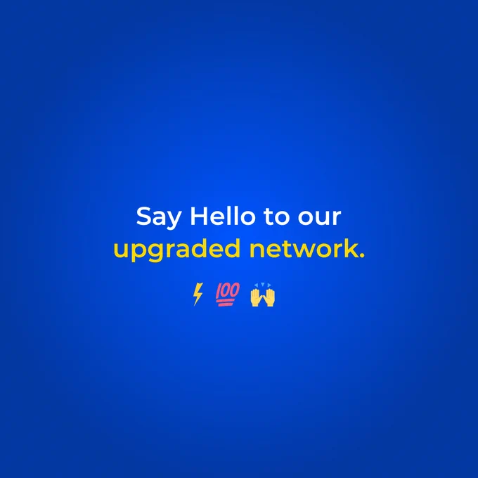 Text "Say Hello to our upgraded network." with lightning bolt, 100%, and high-five hand emojis on a blue background.
