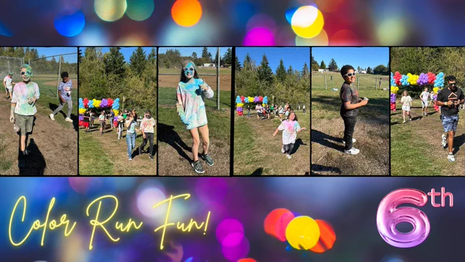 6th Graders & Staff photos of them participating in our Color Run Fundraiser promoting wellness & school spirit