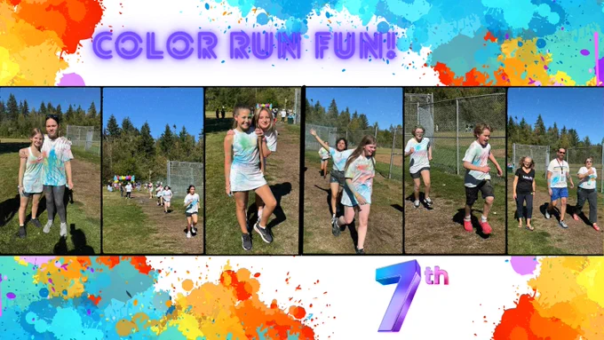 7th Graders & Staff photos of them participating in our Color Run Fundraiser promoting wellness & school spirit