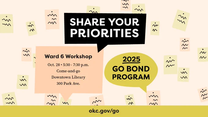 text bubbles with sticky notes and text that reads Share Your Priorities 2025 GO Bond Program