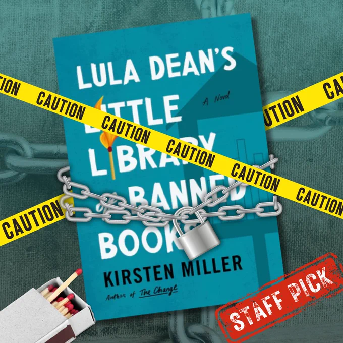 The cover of the book has a lit match in place of the I in library. The cover is blue with the silhouette of a little free library in the background. Book is pictured with a padlocked chain around it, caution tape, and a box of matches. The image is stamped with a red Staff Pick stamp