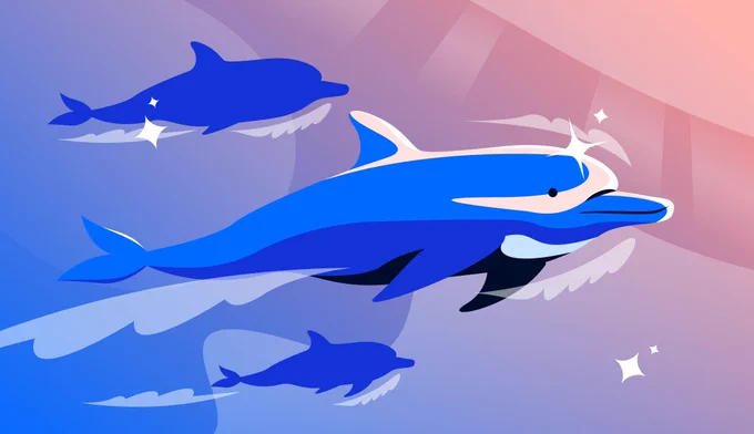 Graphic illustration featuring three dolphins leaping through water under a colorful gradient sky.