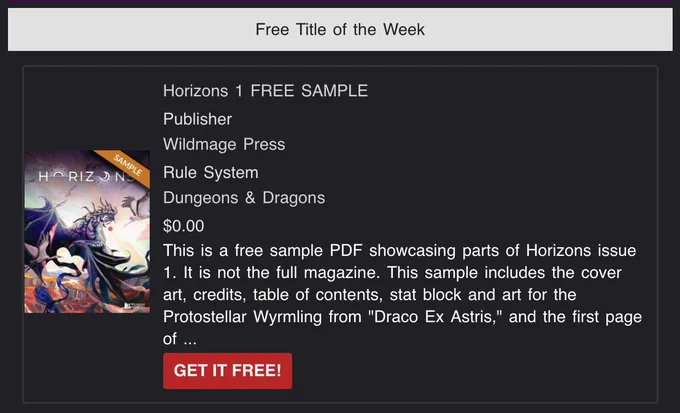 screenshot from the Drive Thru RPG newsletter showing that the Horizons sample is the Free Title of the Week 