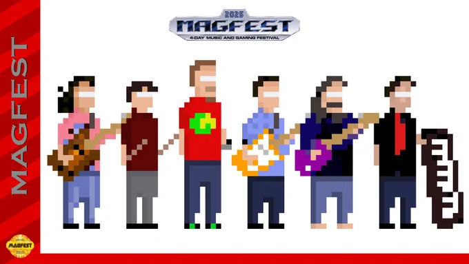 Pixel characters of each of the members of Marshall Art stand in a line with their instruments, facing to the right.