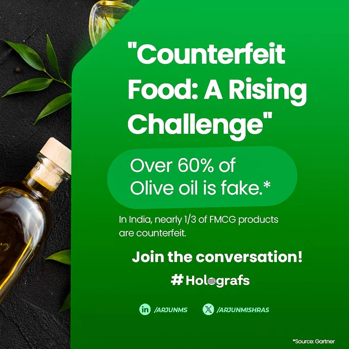 🚨 Food Fraud: A Growing Threat to Brands and Consumers

Counterfeit products in the food industry pose significant risks, with Gartner estimating that over 60% of olive oil is fake. The global food sector faces losses of $30 to $40 billion annually due to food fraud.

In India, a staggering 25-30% of products are counterfeit, particularly in the FMCG sector, where rates can reach 28% (ASPA-CRISIL Report 2022). These alarming statistics highlight the urgent need for enhanced brand protection and customer safety.

Learn with Holografs how to combat counterfeits through authentication and provenance tracking. By streamlining the supply chain, businesses can effectively halt revenue leakages, empowering manufacturers to secure their value chains and protect both brands and consumers.

💬 Drop a comment or DM me to discuss how we can tackle this issue together!

#blockchian #supplychain #counterfeit