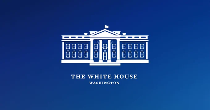 illustration of the white house in white, with a gradient blue background. 
below the caption: "THE WHITE HOUSE - WASHINGTON"