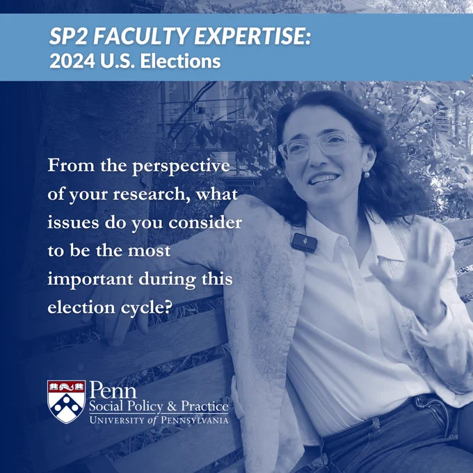 Ioana Marinescu smiling and gesturing, with a text overlay discussing her research perspective on important issues for the 2024 U.S. Elections.
