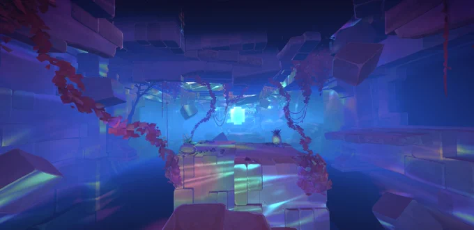 In-game screenshot of a mysterious and eerie path. Vines hang from the ceiling and a rainbow iridescent light fills the cavern. Off in the distance is an exit... or perhaps an entrance?