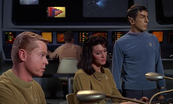 Majel Barrett as the first officer of the USS Enterprise, Leonard Nimoy as Mr. Spock, and...I don't know, Shermie from "Peanuts?"