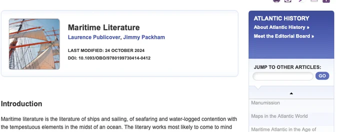 Entry on 'Maritime Literature' for Atlantic History, Oxford Bibliographies.