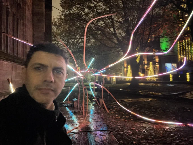 Alex with light night installation
