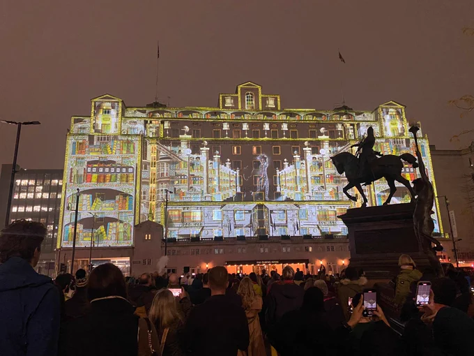 Queems Hotel draped in light night installation