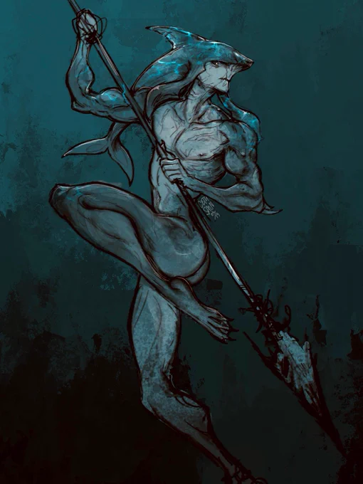 A Zora man holds a spear while floating beneath the water’s surface.