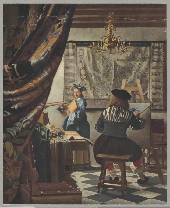 Photocopy of an artwork of an artist painting a woman posing in his studio