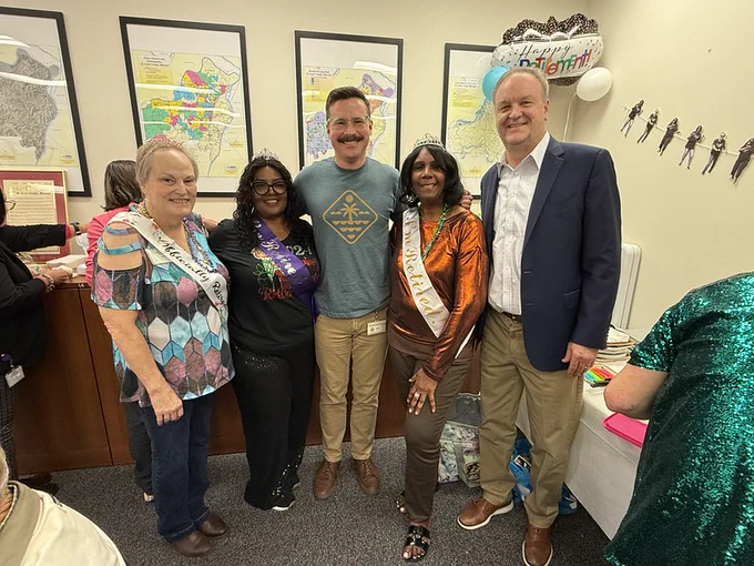 A group photo of County Executive Dr. Sam Page and Planning Director Jacob Trimble, with three employees of the Planning Department who are retiring: Debbie Nesbit, Evelyn Bush, and Anita Johnson. 