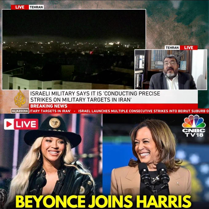 Graphic of Al Jazeera screenshot of livestream of Iran over Kamala Harris and Beyonce.