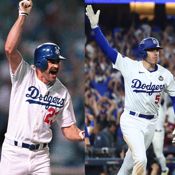 A side-by-side photo of Kirk Gibson's walk-off home run in Game 1 of the 1988 World Series and Freddie Freeman's walk-off grand slam in Game 1 of the 2024 World Series. They both wear home white Dodgers uniforms and are both holding their right arm in the air.