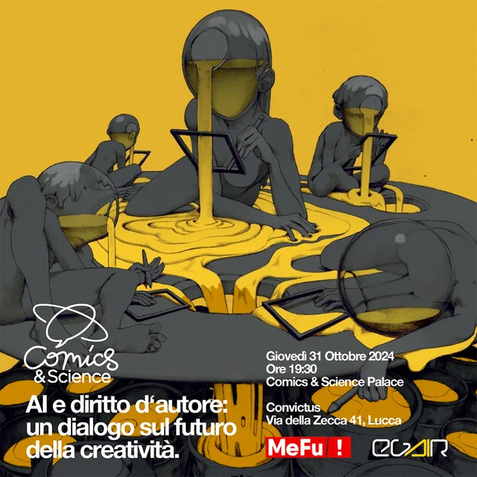 Poster di presentazione dell'evento "AI e diritto d'autore: un dialogo sul futuro della creatività". Una tavola rotonda con Lorenzo “LRNZ” Ceccotti, Francesco Archidiacono, Francesca Carfora e Domenico Laforenza al Comics&Science PALACE.