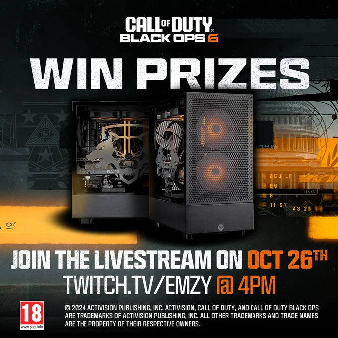 Image of the 3XS Systems limited edition Call Of Duty Black Ops 6 PC with the headline 'Win Prizes' beneath the Call Of Duty Black Ops 6 logo. The sub-header reads 'Join the livestream on October 26th, twitch.tv/emzy at 4pm'. At the bottom of the image is the PEGI 18 logo and the following copyright information: © 2024 Activision Publishing, inc. ACTIVISION, CALL OF DUTY, and CALL OF DUTY BLACK OPS are trademarks of Activision Publishing, inc. All other trademarks and trade names are the property of their respective owners.