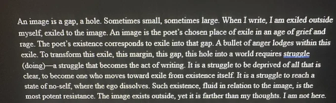 An image is a gap, a hole. Sometimes small, sometimes large. When I write, I am exiled outside myself, exiled to the image. An image is the poet's chosen place of exile in an age of grief and rage. The poet's existence corresponds to exile into that gap. A bullet of anger lodges within this exile. To transform this exile, this margin, this gap, this hole into a world requires struggle (doing)—a struggle that becomes the act of writing. It is a struggle to be deprived of all that is clear, to become one who moves toward exile from existence itself. It is a struggle to reach a state of no-self, where the ego dissolves. Such existence, fluid in relation to the image, is the most potent resistance. The image exists outside, yet it is farther than my thoughts. I am not here.