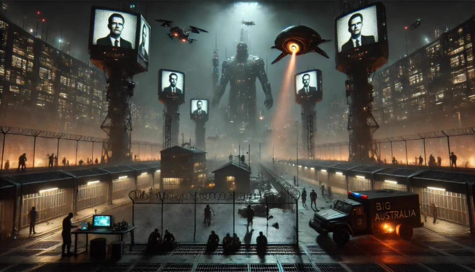 A dark dystopian Australian nightmare situation showing drones, imprisoned citizens, robots and screens.