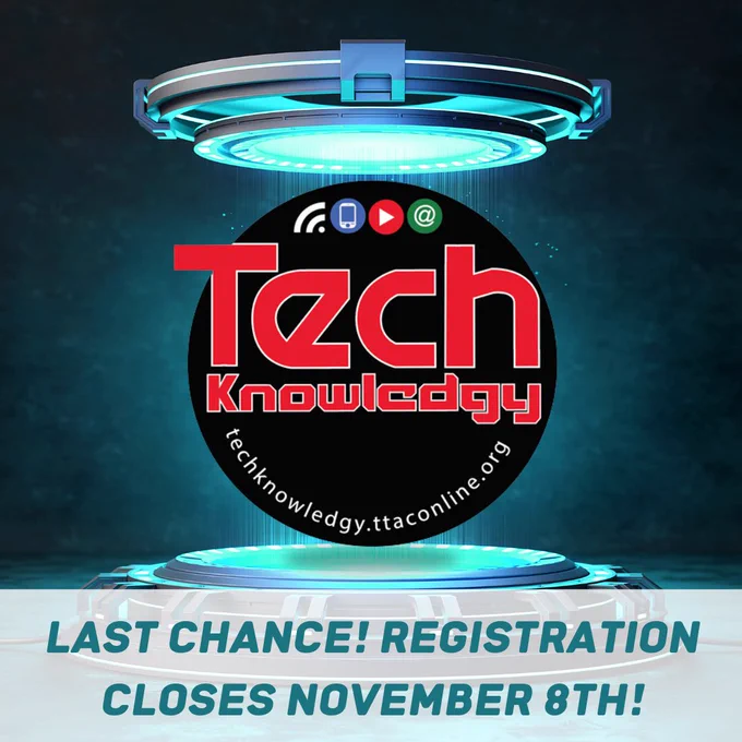 There is a teleportation device in the middle of the image with the TechKnowledgy logo in the middle. At the bottom it says “last chance! Registration closes November 8th!”