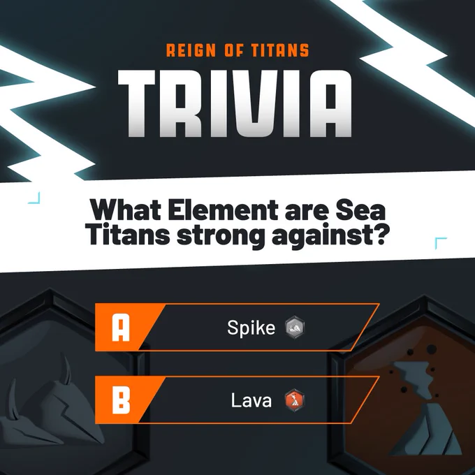 Reign of Titans Trivia: 'What Element are Sea Titans strong against?' with answer options A: Spike and B: Lava.