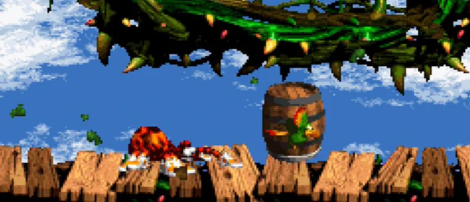Squitter stands at the Squawks Barrel in the brambles in Animal Antics.