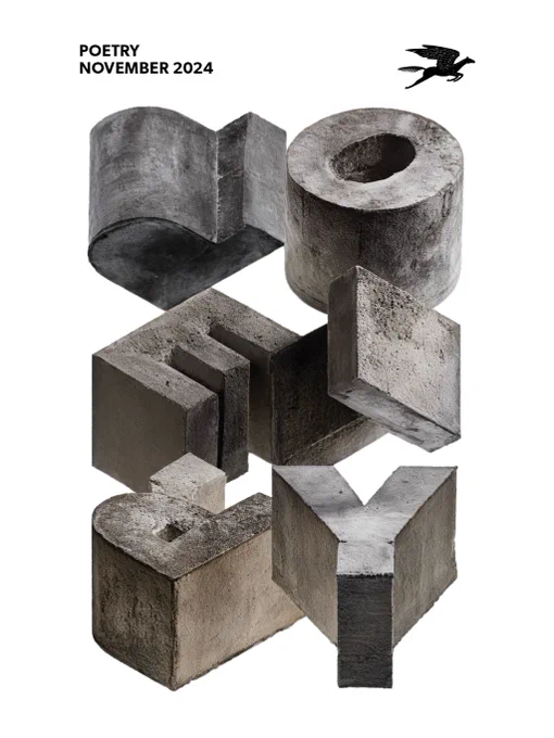 A cover of Poetry magazine on a white background. In the top left corner are two rows of text that read: POETRY November 2024. In the top right corner is a black pegasus emblem. Center, the word "Poetry" is spelled out in a grid, two letters at a time in three rows. The letters are composed of cement blocks. 
