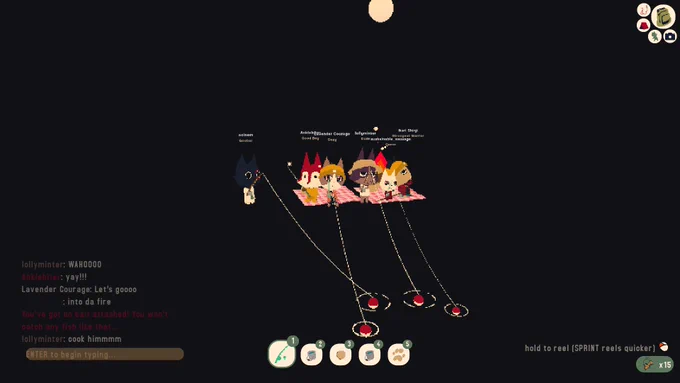A screenshot from Webfishing. 6 characters, cats and wolves in hats and t-shirts, sit on picnic blankets and fish. They are surrounded by a dark void. There is a chat box in the left corner.
